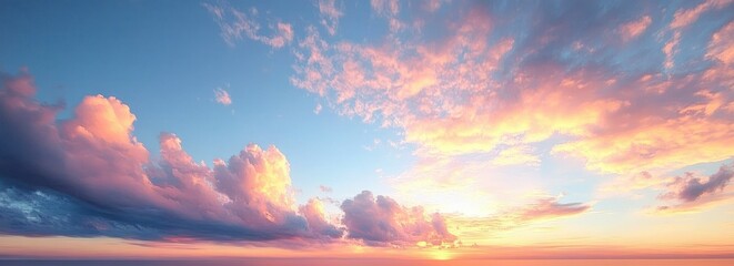 Pastel sunrise over calm ocean with dramatic pink and blue clouds, tranquil and awe-inspiring atmosphere