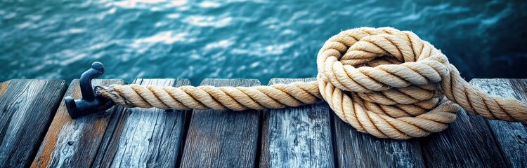 Coiled thick rope looped beside a metal cleat on a weathered wooden dock overlooking calm blue sea, evoking peaceful nautical serenity