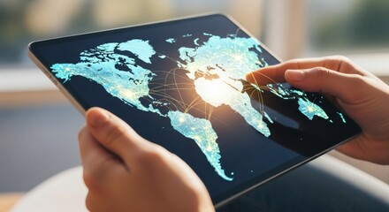Global Networking Using A Tablet Connecting Worldwide On Digital Display