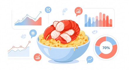 A bowl of macaroni and cheese topped with lobster sits amidst data charts and icons.