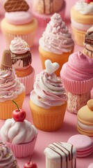 Pastel Pink Confectionery Wonderland with Swirled Frosting and Heart Toppers.