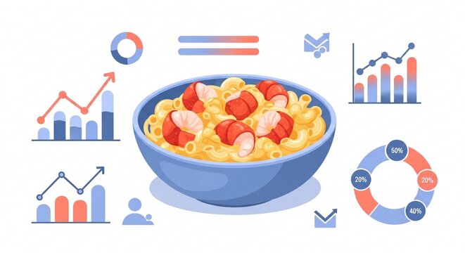 A bowl of pasta topped with seafood and surrounded by various data charts.
