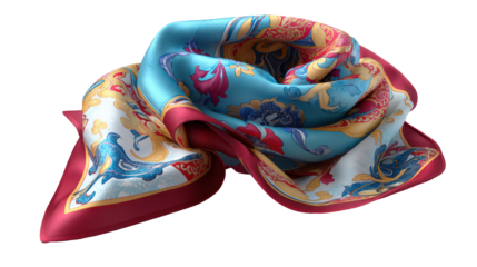 Colorful silk scarf with intricate pattern isolated on transparent background