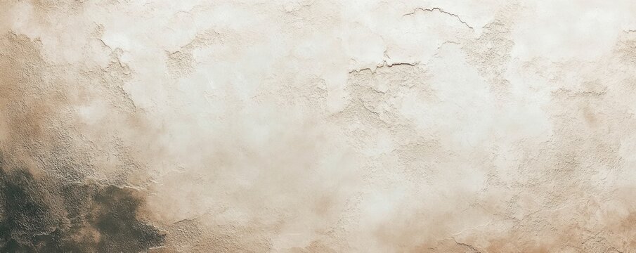 Weathered beige plaster wall with peeling paint, cracks and textured stucco evoking a rustic, aged, nostalgic atmosphere