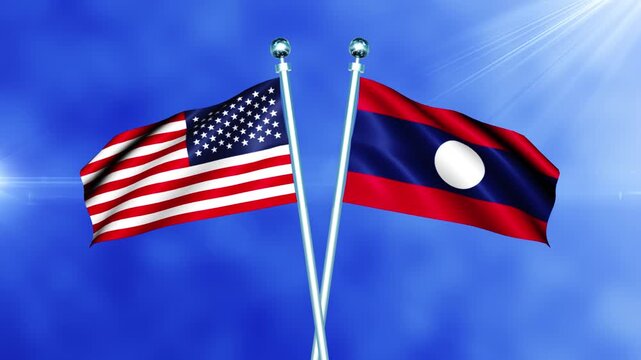 USA and Laos Flag Waving On Pole Loop - Powered by Adobe