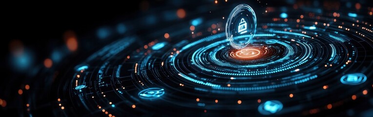 futuristic holographic security interface with glowing concentric data rings, floating padlock hologram, neon blue and orange particles and network nodes conveying trust and dynamism