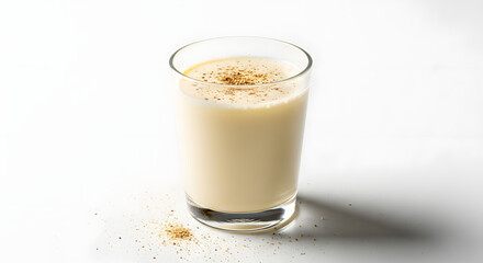 Glass of eggnog with nutmeg on white background