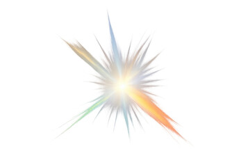 Fototapeta premium Bright colorful starburst light effect with long rays, shining glow, and spark, creating abstract flare on transparent background