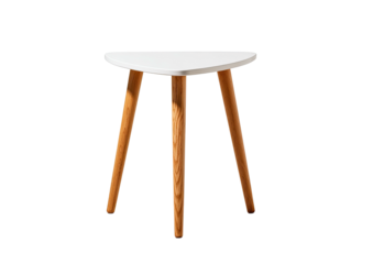 White triangle table with three wooden legs, centered