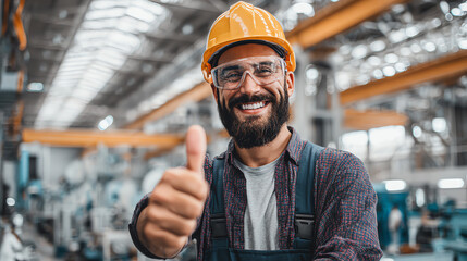 Smiling worker in safety gear gives thumbs up in a factory setting, showcasing positivity and professionalism.