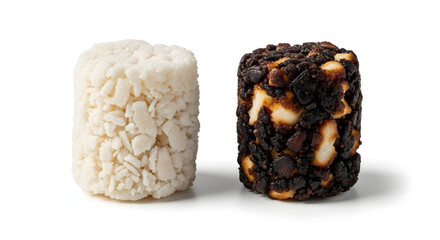 Two cylindrical food items, one white, one dark
