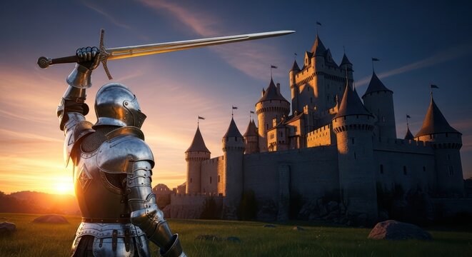 A medieval knight in shining armor holds his sword aloft before a grand castle at sunset - Powered by Adobe