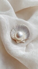Elegant Pearl in Silver Seashell Resting on Delicate White Fabric, Soft Light.