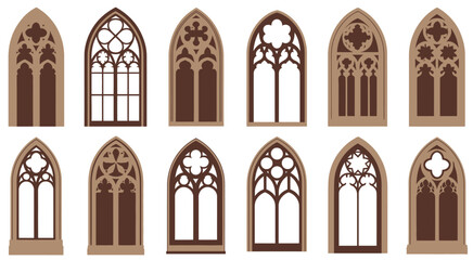 Gothic architectural arched window artwork with ornate tracery, detailed mullions and historic design elements isolated on transparent background for restoration and medieval themed graphics.