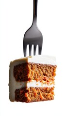 Delicious Carrot Cake Slice with Fork, Isolated on White Background, Close-up.