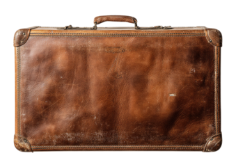 Worn leather suitcase. Scuffed, vintage travel gear