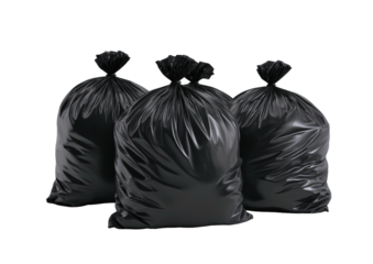 Three full, glossy black trash bags on dark background