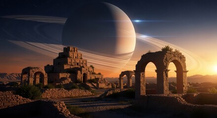 Ancient ruins on an exoplanet with giant ringed planet at dusk in futuristic vision