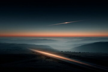 Majestic rocket ascends amidst the twilight hues, carving through the night sky. Creative poster. Spectacular rocket launch at twilight with stars and a vivid exhaust plume. Editorial style.