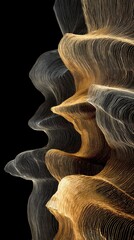 Ethereal Golden and Grey Wavy Lines Abstract Art with Dark Background.