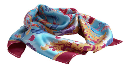 Colorful silk scarf with floral pattern isolated on transparent background