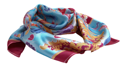 Colorful silk scarf with floral pattern isolated on transparent background