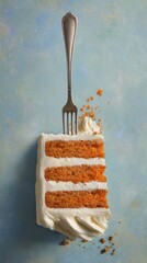 Carrot Cake Slice with Fork on Textured Blue Background, Overhead View.