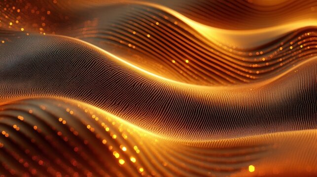 undulating golden mesh with fine ridged lines and glowing particles, warm luminous waves conveying serene dynamic motion
