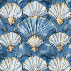 elegant repeating decorative scallop shells and fan motifs with blue, white, and gold metallic texture conveying a calm luxurious mood