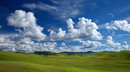 Vast green fields under a bright blue sky filled with fluffy white clouds, depicting serene natural beauty.