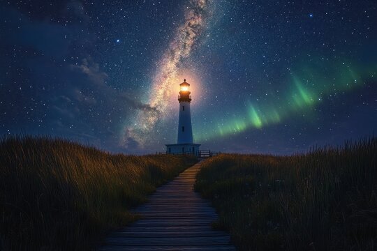 wooden boardwalk through dune grass leading to a glowing lighthouse under a starry night sky with the milky way and green aurora, evoking peaceful awe
