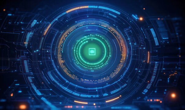 Glowing circular digital interface with concentric neon rings, central green core and circuit board patterns conveying futuristic intensity and precision