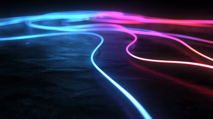 Vibrant neon light trails create dynamic abstract patterns on a dark surface, showcasing modern digital aesthetics.