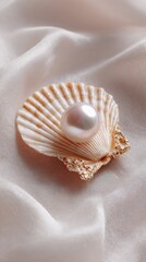 Iridescent Pearl Nestled in a Delicate Seashell on Silky White Fabric.