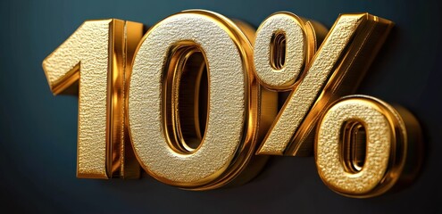 3d textured gold ten percent sign with bold numerals on a dark teal glossy background evoking luxury and celebration