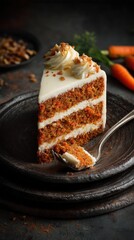Decadent Slice of Carrot Cake with Cream Cheese Frosting and Fork.