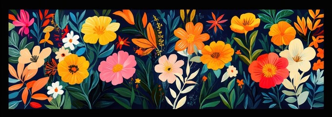 Vibrant hand-painted wildflower meadow banner with colorful blossoms and lush green leaves on dark background, joyful and whimsical