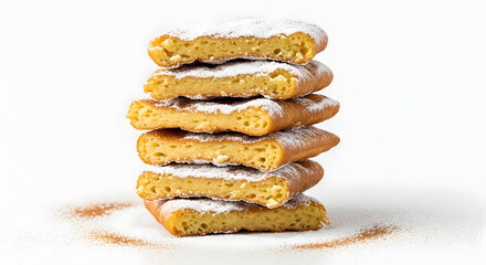 Stack of sliced pancakes dusted with powdered sugar