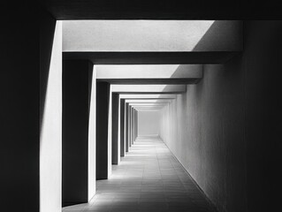 monochrome corridor of repeating concrete columns and beams with tiled floor and dramatic light and shadow receding to a distant vanishing point, calm and mysterious