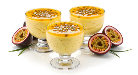 Three glasses of passion fruit mousse with fresh fruit