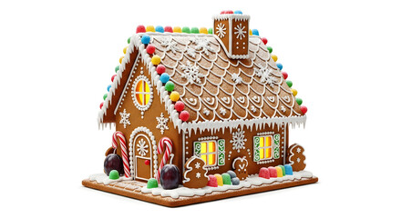 Decorated gingerbread house with colorful candies and frosting
