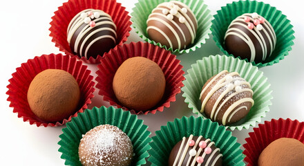 Assortment of festive Christmas chocolates and truffles in colorful wrappers