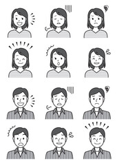 Black and White Emotional Expression Icon Set – 12 Male & Female Facial Expressions
