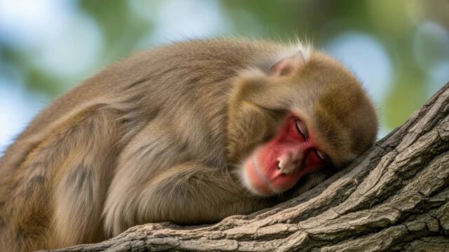 A cute japanese macaque curled up and sleeping soundly on a large tree branch. This panoramic wildlife banner shows the tranquil primate resting in a natural environment