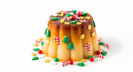 Christmas flan with caramel and festive decorations