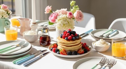 Breakfast Table Setting with Pancakes and Fresh Berries.
