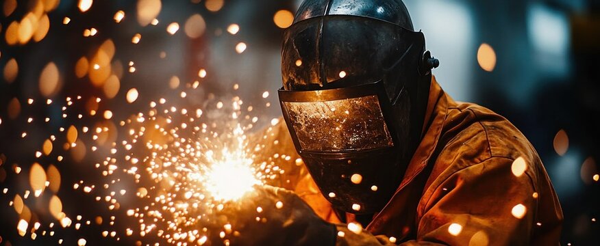 welder in protective helmet and orange jacket welding metal as bright sparks fly, intense focused heat and determination in an industrial workshop