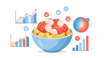 A bowl of food with shrimp and charts representing data and growth.