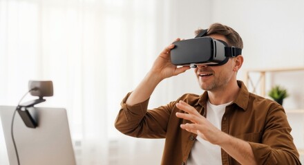 Man enjoying VR experience: wearing headset for immersive gaming and metaverse activities, positive expression