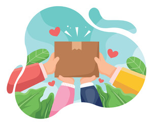 Illustration of diverse hands holding a donation box with hearts, symbolizing charity, community support, and love
